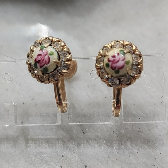 Vintage Floral Porcelain Screw Back Earrings | Rhinestone Gold Tone - Picture 1 of 13